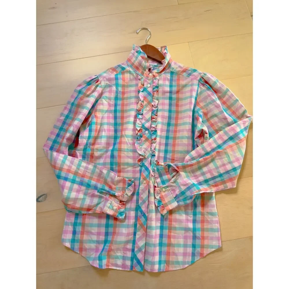 Vintage 80s Womens Plaid Ruffle Front Blouse Size Medium Twee Preppy Cottagecore - Picture 7 of 9